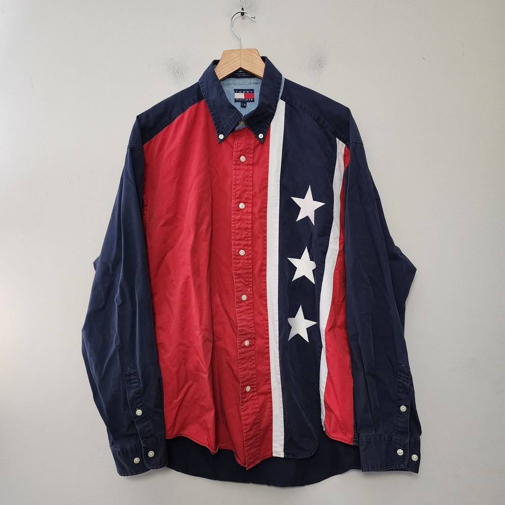 Vintage 90s Tommy Hilfiger American Flag Button up Shirt Mens Large Patriotic